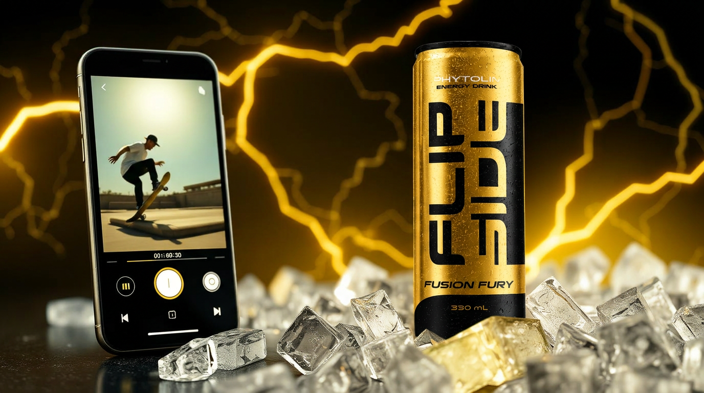 Flipside Fusion Fury Gold energy drink with a creator video